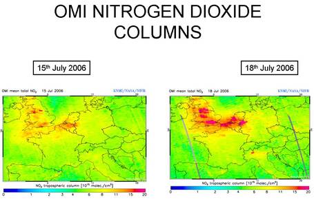 NO2 metingen Ozone Monitoring Instrument OMI op 15 en 18 juli 2006