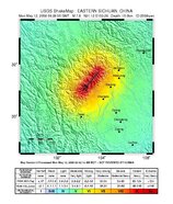 Intensiteitenkaart van het gebied rond de aardbeving. Hoe roder de kleur, hoe sterker de aardbeving is gevoeld. (Bron: USGS)