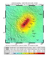 Intensiteitenkaart van het gebied rond de aardbeving. Hoe roder de kleur, hoe sterker de aardbeving is gevoeld. (Bron: USGS)