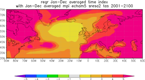 Verwachte opwarming in graden per eeuw in de 21e eeuw (MPI model/ KNMI Climate Explorer)