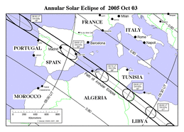 Kaart zonsverduistering 3 oktober 2005