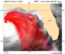 Actuele windveld rond Gustav gemeten met scatterometer (bron: KNMI/Eumetsat)