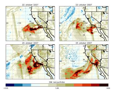 OMI-metingen verspreiding aërosolen bij de branden in Californië