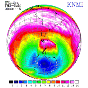 De berekende UV-index (zonkracht) voor 15 november 2009