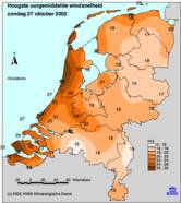 Hoogste uurgemiddelde windsnelheid op 27 oktober 2002