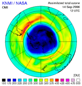 Dikte ozonlaag boven de Zuidpool op 14 september, gebaseerd op metingen van het OMI instrument