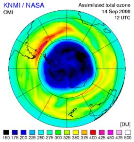 Dikte ozonlaag boven de Zuidpool op 14 september, gebaseerd op metingen van het OMI instrument