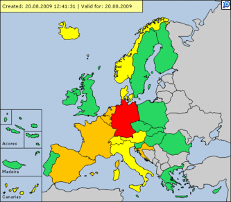Code oranje of rood voor hitte en onweer in Europa (bron Meteoalarm)