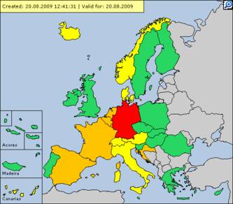 Code oranje of rood voor hitte en onweer in Europa (bron Meteoalarm)