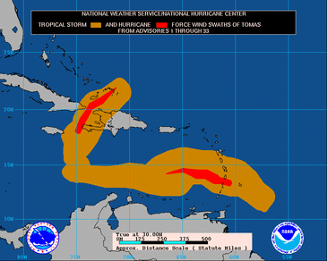 Route van Tomas (Bron: National Hurricane Center) 