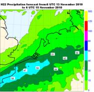 Het KNMI weermodel HIRLAM (zaterdag 12 november 06 uur voor komende 48 uur) berekent voor dit weekeinde veel regen voor in de zuidelijke helft en België (Bron: KNMI)