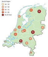 Jaarlijks aantal mistdagen in Nederland (Bron: KNMI, Bosatlas van het klimaat, 2011)
