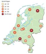 Jaarlijks aantal mistdagen in Nederland (Bron: KNMI, Bosatlas van het klimaat, 2011)