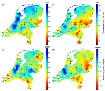 Veranderingen neerslagkarakteristieken voor 102 neerslagstations 1910 - 2009 voor jaar en zomerhalfjaar en het jaarlijks aantal dagen met meer dan 20 mm en meer dan 30 mm (bron: KNMI) 