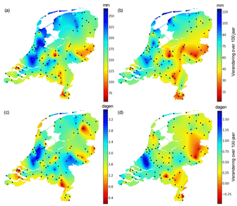 Veranderingen neerslagkarakteristieken voor 102 neerslagstations 1910 - 2009 voor jaar en zomerhalfjaar en het jaarlijks aantal dagen met meer dan 20 mm en meer dan 30 mm (bron: KNMI) 