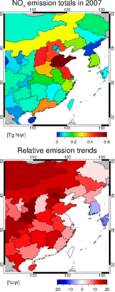 Boven: NOx emissies in 2007 voor Chinese provincies en omliggende landen. Onder: de jaarlijkse groei van NOx emissies voor dezelfde gebieden.