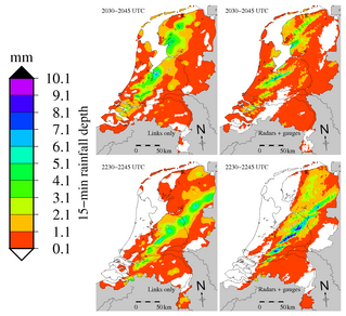 Regenkaarten van 15-minuutsommen gebaseerd op data van radiostraalverbindingen (links) en op met regenmeterdata gecorrigeerde radardata (rechts) (Bron: KNMI)