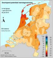 KNMI kaart van het neerslagtekort/overschot in Nederland in juli 2013 (Bron: KNMI)