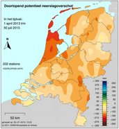 KNMI kaart van het neerslagtekort/overschot in Nederland in juli 2013 (Bron: KNMI)