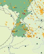 Natuurlijke aardbevingen in 2013. Rode cirkels zijn aardbevingen; grijze lijnen breuken. Blauwe driehoeken zijn seismometers; vierkanten zijn versnellingsmeters. Bron: KNMI