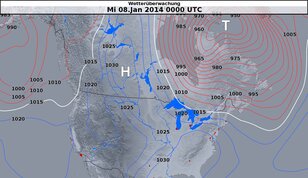 Het extreem koude weer in de VS hangt samen met een hardnekkig luchtdrukpatroon met een krachtig hogedrukgebied boven het westen van de VS en een depressie boven het oosten van de VS en Canada (Bron: Deutscher Wetterdienst)