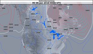 Het extreem koude weer in de VS hangt samen met een hardnekkig luchtdrukpatroon met een krachtig hogedrukgebied boven het westen van de VS en een depressie boven het oosten van de VS en Canada (Bron: Deutscher Wetterdienst)