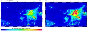 Luchtvervuiling (stikstofdioxide) boven China gemeten met OMI in het jaren 2005 en 2012. In deze periode is de hoeveelheid stikstofdioxide met ongeveer 35% toegenomen (Bron: KNMI)