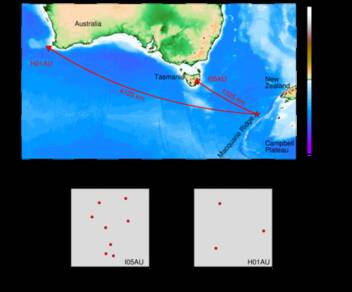 De met infrageluid gemeten aardbeving (rode ster) ten zuiden van Nieuw-Zeeland. H01AU is een array van drie hydrofoons in de oceaan op een diepte van 1 km. I05AU is een infrageluid array aan het aardoppervlak. Bron: KNMI