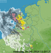 Radarbeelden van de zware buien op 28 juli 2014 (bron: KNMI)