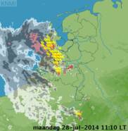 Radarbeelden van de zware buien op 28 juli 2014 (bron: KNMI)
