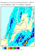 Radarsombeeld van de neerslag op 3 augustus 2014 (bron: KNMI)