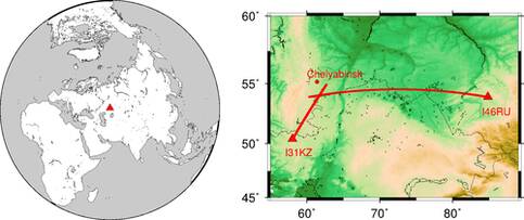 Kaartje met de locaties van de infrageluid arrays van de explosie van de vuurbol op 15 februari in Rusland. De richting waar vanuit het infrageluid komt kan met de arrays achterhaald worden, waarnaar de bron gelokaliseerd kan worden door middel van kruisp