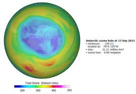 Ozongat boven de Zuidpool op 15 september 2015. Foto: Temis/KNMI