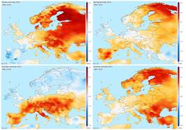 Afwijking van de gemiddelde temperatuur van 2015 voor elk seizoen, ten opzichte van het 1981-2010 langjarig gemiddelde © KNMI  