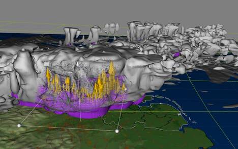 3D-visualisatie van onweerswolken en verticale windsnelheid boven Nederland. Bron: KNMI