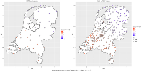 Vergelijking tussen metingen van minimumtemperatuur door KNMI-weerstations en WOW-NL-weerstations van 3 tot 7 januari 2016. ©KNMI