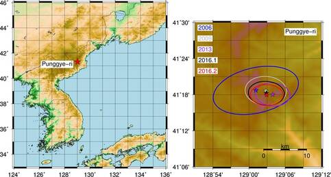 Figuur 1. Locatie van de nucleaire test site, Punggye-ri (links) en de locaties van de drie nucleaire tests in 2006, 2009 en 2013. De onzekerheid in de locaties is weergegeven met een onzekerheidsellips. ©KNMI