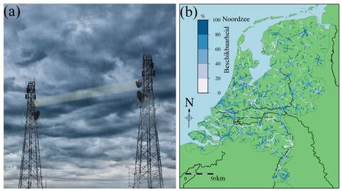 Uit de demping van de elektromagnetische signalen tussen de gsm-masten (kaart toont locaties straalverbindingen) kan de regenintensiteit worden berekend (© identim/Shutterstock)