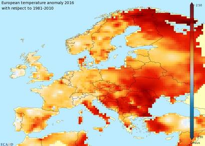 De jaargemiddelde temperatuur van Europa als afwijking van het 1981-2010 langjarig gemiddelde. Geheel Europa is warmer geweest dan normaal in 2016, maar de nadruk ligt op oost Europa waar het lokaal tot 2.5 C warmer was dan gemiddeld ©KNMI/ECA&D