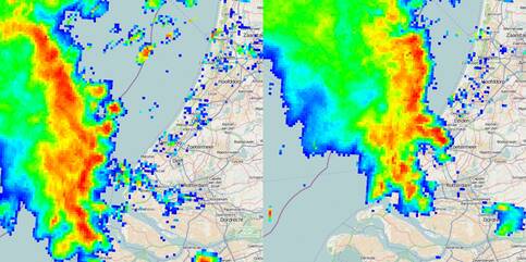Twee beelden van de neerslagradar waarop de buienlijn te zien is