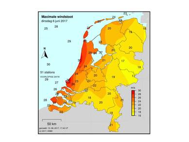 Zwaarste windstoten tijdens de storm op 6 juni. 