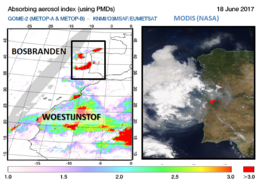 Waarnemingen van rook afkomstig van de bosbranden in Portugal van 18 juni 2017. Het beeld links toont rookdeeltjes die zonlicht absorberen afkomstig van de GOME-2 satelliet, rechts het bijbehorende beeld van de MODIS satelliet met in rood de brandhaarden.