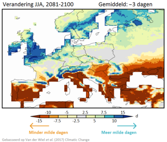 Figuur 1: Verandering van het aantal milde dagen in de zomermaanden juni-juli-augustus aan het eind van de eeuw (onder RCP4.5, GFDL HiFLOR klimaatmodel). 