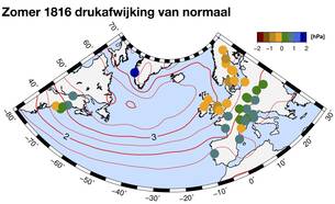 Afwijking van het normale drukpatroon (rode lijnen) in oude meetreeksen van de luchtdruk waaronder de Nederlandse Zwanenburg reeks. Bron: Brugnara et al, Climate of the Past, 2015 