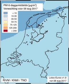 De fijnstofverwachting voor  Nederland voor woensdag 9 augustus toont een dag met relatief weinig vervuiling. Bij weinig wind en veel zon neemt de luchtverontreiniging in Nederland snel toe. Bron: RIVM/KNMI/TNO