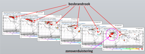 Figuur 1: Satellietwaarnemingen van de Absorberende Aerosol Index van woensdag 16 augustus tot en met maandag 21 augustus 2017 door de GOME-2(A/B) satellietinstrumenten (waarneming dagelijkse om 10:30 lokale tijd). Bron: KNMI.
