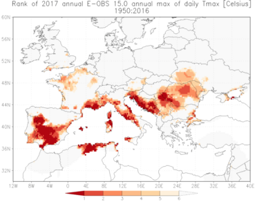 Figuur 1. Rangorde van de 3-daags gemiddelde maximumtemperatuur in de waarnemingen vanaf 1950. In de donkerrode gebieden was het de warmste hittegolf. Bron: E-OBS.