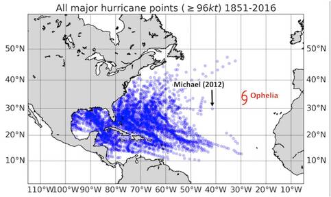 Figuur met locaties waar een categorie 3 orkaan is ontstaan