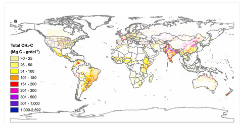 Figuur 1. De verdeling van de methaanuitstoot door veeteelt in de wereld. (Bron: Wolf et al.)