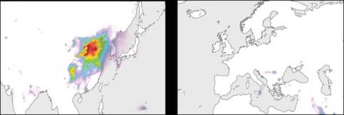 Figuur 1. Gemiddelde hoeveelheid atmosferisch SO2 gemeten met het OMI satellietinstrument voor de periode 2005-2014 in Oost Azie (links) en Europa (rechts). Voor de kleurenschaal zie Figuur 2. Bron: KNMI.